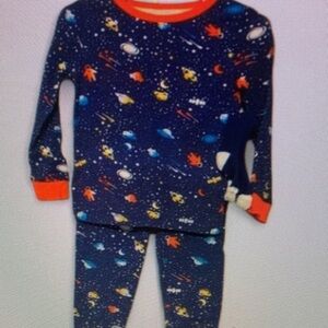 Navy Space Print Kids Pajama Set with Orange Trim